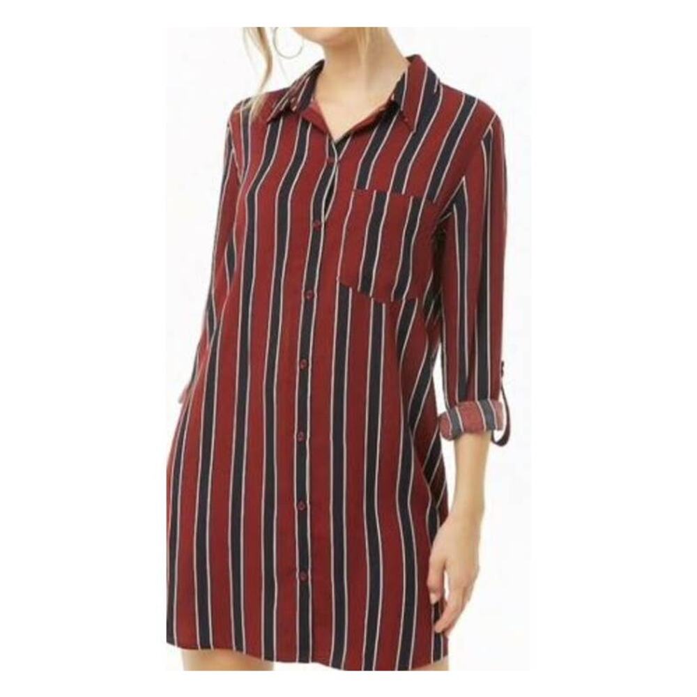 Forever 21 Button Up Shirt Dress Dark Red and Navy Striped Size S